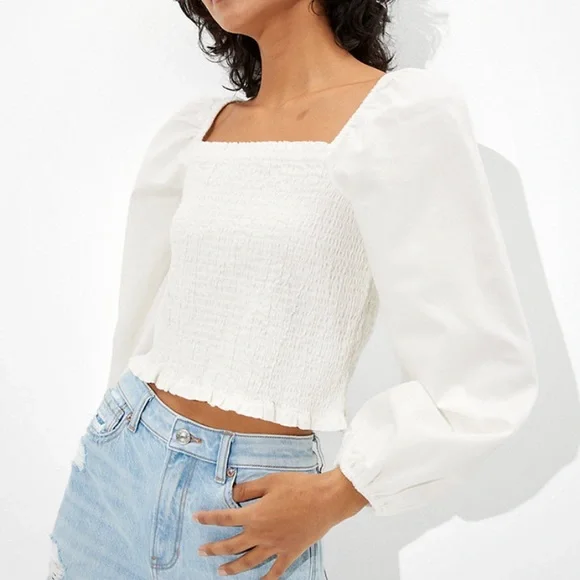 Aerie Square Neck Smocked Long Sleeve Crop Blouse White - Picture 1 of 3